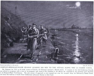 Le sergent major de la compagnie Seaman conduisant ses hommes le long du canal de La Basse en février 1915 (litho) - Margaret Dovaston