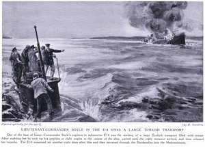 Le capitaine de corvette Boyle, à bord du E14, coule un gros transport turc en 1915 (lithographie). - Margaret Dovaston
