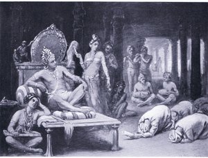 Vikramanka Chalukhya envoie un message amical à Kulottunga Chola (litho) - Margaret Dovaston
