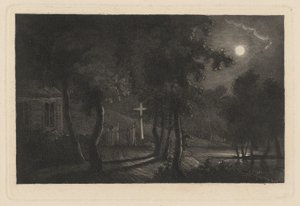 Chapelle au bord du lac au clair de lune