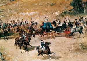 La reine María Cristina et sa fille, Isabel II, passant en revue les batteries d