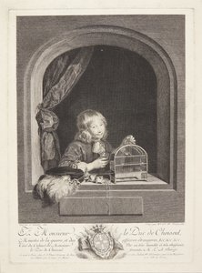 Un garçon avec une cage à oiseaux à une fenêtre - Marie Louise Adélaïde Boizot