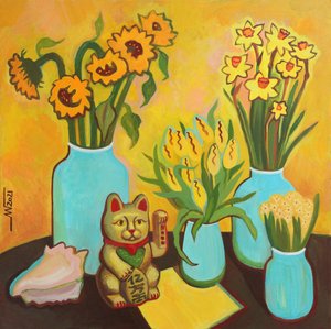 Fleurs joyeuses et chat porte-bonheur