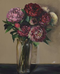 Pivoines rouge foncé dans un vase en verre - Peinture florale à l