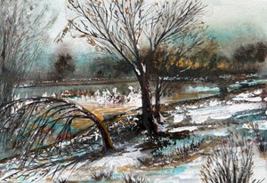 Paysage fluvial hivernal enneigé