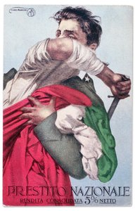 Un soldat italien défend le Tricolore avec son épée. Carte postale de propagande pour l