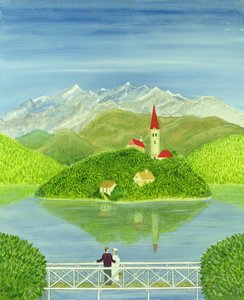 Amoureux sur le pont avec les montagnes enneigées - Mark Baring