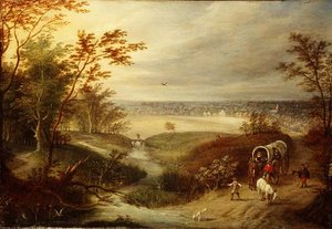 Paysage boisé étendu avec un chariot à un gué