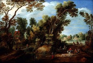 Paysage fluvial boisé avec figures