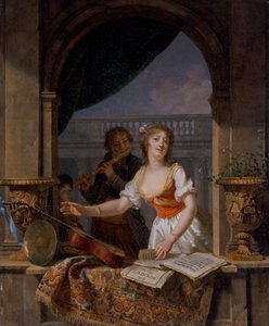 Une jeune fille atteignant une guitare à une fenêtre en pierre et un garçon jouant de la flûte au-delà - Martin Drölling