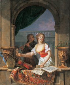 Une Jeune Femme Atteignant une Guitare à une Fenêtre en Pierre et un Garçon Jouant de la Flûte au-delà, 1796-97 - Martin Drölling