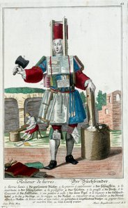 Métier : Un relieur. Gravure de Martin Engelbrecht (1684-1756), dans "Nouvelle assemblée des manœuvres habillés" XVIIIe siècle, Allemagne. Paris, Arts décoratifs
