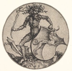 Bouclier avec lévrier tenu par un homme sauvage, vers 1435-1491