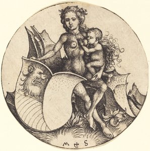Bouclier avec tête de lion, tenu par une femme sauvage