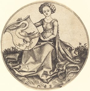 Bouclier avec cygne, tenu par une femme