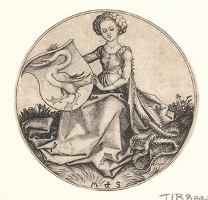Bouclier avec cygne tenu par une femme, vers 1435-1491