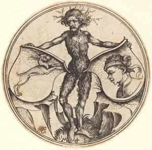 Boucliers avec lapin et tête de Maure, tenus par un homme sauvage