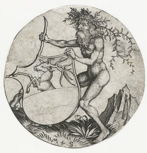 Blason avec un cerf, tenu par un homme sauvage avec une massue - Martin Schongauer
