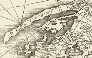 Carte de la mer du Nord de 1513 montrant le Groenland relié à la Scandinavie