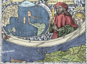 VESPUCCI, Amerigo (1454-1512). Explorateur et cartographe italien dans "Carte de Waldseemüller ou Cosmographia Universalis - (Cosmographie Universelle) - Planisphère de Waldseemüller" - 1507