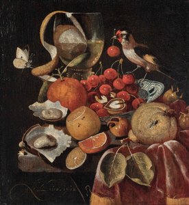 Nature morte de fruits avec un chardonneret
