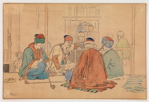 Intérieur de café avec hommes fumant la pipe