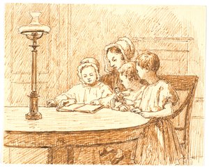 Une mère montre un livre à trois enfants - Martinus Rørbye