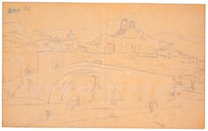 Paysage italien avec un pont sur une rivière et la ville de Subiaco en arrière-plan