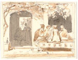 Orientaux jouant aux échecs devant un café turc et un salon de coiffure - Martinus Rørbye