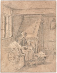 Maison paysanne avec une fille cardant de la laine - Martinus Rørbye