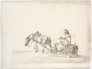 Traîneau tiré par des chevaux avec un homme sur un fagot de roseaux [?]