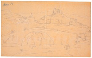 Paysage italien avec un pont sur une rivière et la ville de Subiaco en arrière-plan