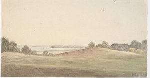 Paysage avec eau en arrière-plan et maison à droite