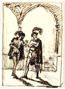 Scène médiévale avec deux hommes en cape et bérets à plumes - Martinus Rørbye