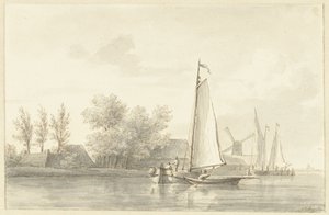 Paysage fluvial avec voilier et canot - Martinus Schouman