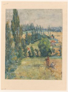Paysage avec un fermier au repos près d