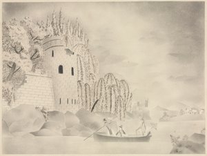 La tour solitaire (château sur une rivière avec des saules et un bateau) - Mary Altha Nims