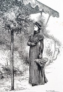 Une femme achetant du houx pour les décorations de Noël. Par Mary Ellen Edwards (1838-1934), une artiste anglaise - Mary Ellen Edwards