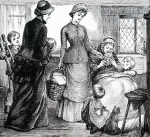 Une femme offrant des cadeaux à un pauvre paysan. Par Mary Ellen Edwards (1838-1934) une artiste anglaise - Mary Ellen Edwards