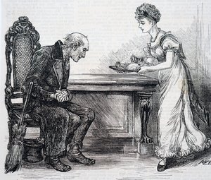 Une femme donnant un dîner chaud au balayeur. Par Mary Ellen Edwards (1838-1934) une artiste anglaise - Mary Ellen Edwards
