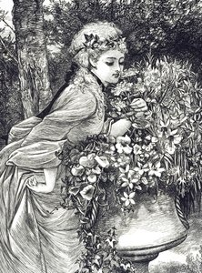 Gravure représentant une jeune fille sentant des fleurs dans une urne de jardin. Illustrée par Mary Ellen Edwards