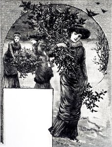 Gravure représentant la collecte de houx et de verdure pour la décoration de Noël. Illustrée par Mary Ellen Edwards (1838-1934) une artiste et illustratrice anglaise de livres pour enfants - Mary Ellen Edwards
