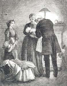 Gravure représentant un médecin examinant un bébé atteint de la rougeole - Mary Ellen Edwards