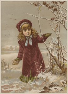 Fille apportant du pain pour nourrir les oiseaux dans la neige - Mary Ellen Edwards