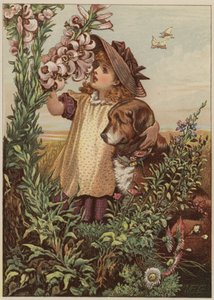 Fille avec un chien sentant des fleurs - Mary Ellen Edwards