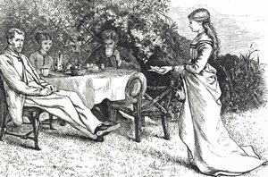 Illustration représentant une famille prenant le petit déjeuner dans le jardin - Mary Ellen Edwards