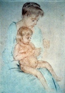 Femme tenant un petit enfant nu sur ses genoux tout en lui manucurant les ongles, c.1904 (pastel de Mary Cassatt)