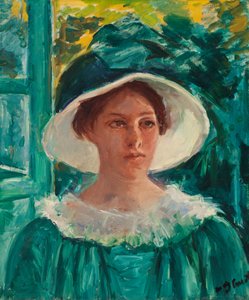 Jeune femme en vert, en plein air au soleil (Tête d