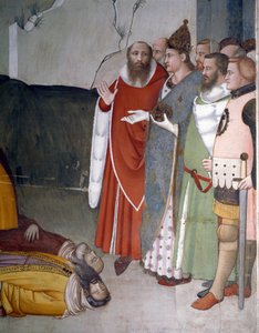 Épisodes de la Saint-Sylvestre : le pape Saint Sylvestre Ier (314-335) ressuscite deux mages. Fresque de Maso di Banco (vers 1341-1346) 14ème siècle Florence, Église Santa Croce, Chapelle Bardi - Maso di Banco