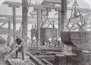 Vue des travaux de construction au pont de Blackfriars pour le chemin de fer de Londres, Chatham et Douvres montrant l